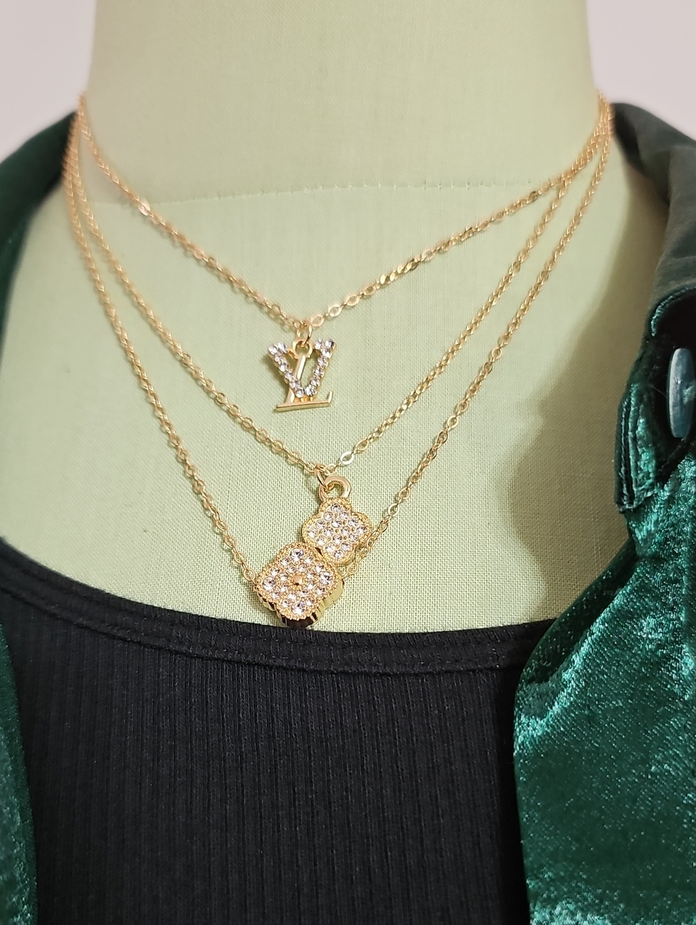 Gold-toned Layered Crystal Pendant Necklace Set with Earrings